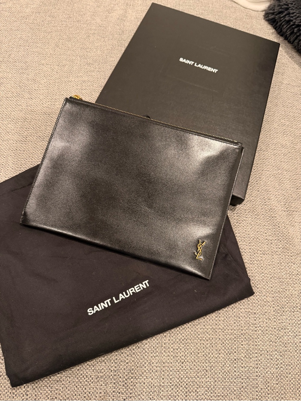 Saint Laurent Black Leather Toiletry Pouch with Gold YSL Accent